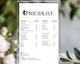 Bewerkbare prijslijstsjabloon Salonprijsblad Prijslijst schoonheidssalon Afdrukbare canvassjabloon Salonsjabloon Prijslijst voor kleine bedrijven