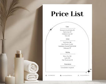 Prijslijstsjabloon Bewerkbare prijslijstsjabloon CANVA schoonheidssalon prijslijst Afdrukbare prijsgids Prijslijst Direct downloaden