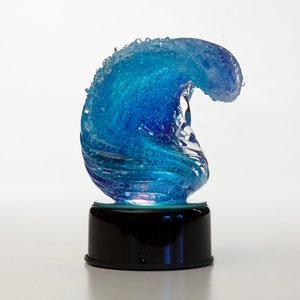 Solid Crystal Wave Sculpture on turning stand with color changing LED lights 7 inches tall FREE shipping