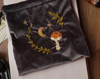 Velvet Tarot Pouch: Amanita Embroidery, Handmade Forest Storage