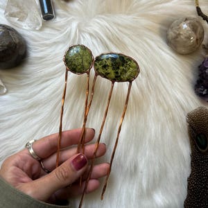 Serpentine Copper Hairpins | Handmade Hair Stick | Crystal Hair Accessory | Copper Hair Fork | Natural Serpentine Stone | Unique Gift
