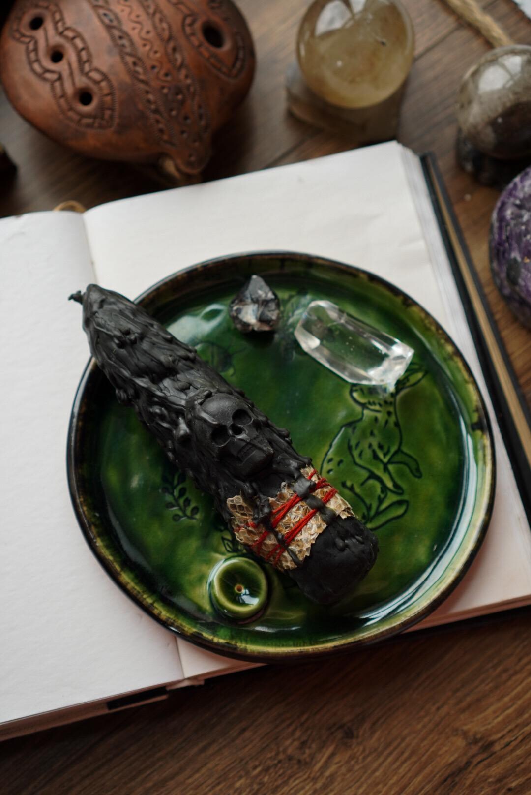 Ceramic Altar Set: Green Rabbit Plate, Beeswax Ritual Candle, Ukrainian ...