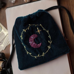 Handmade Velvet Tarot Pouch: Moon Embroidery, Crystal and Taro Storage image 1