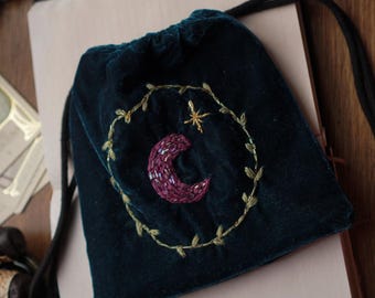 Handmade Velvet Tarot Pouch: Moon Embroidery, Crystal and Taro Storage