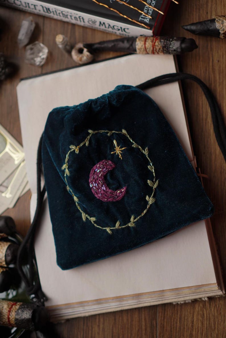Handmade Velvet Tarot Pouch: Moon Embroidery, Crystal and Taro Storage image 1