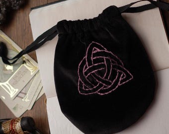 Embroidered Velvet Tarot Bag: Triquetra symbol