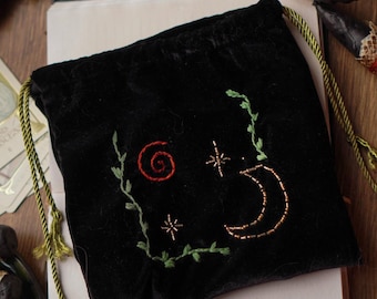 Mystic Velvet Pouch: Hand-Embroidered Moon and Stars Tarot Bag