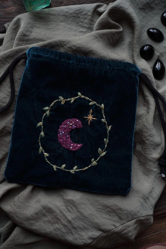 Handmade Velvet Tarot Pouch: Moon Embroidery, Crystal and Taro Storage