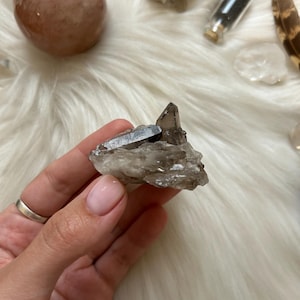 Cristallo di quarzo fumé / Punta grezza naturale dal Brasile / Gruppo non lucidato per altare o collezione / Energia cristallina di messa a terra / Quarzo grezzo