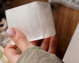 White Selenite Cube: Hand-Polished Charging Block, Meditation Gift