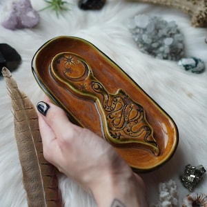 Handcrafted Ceramic Incense Holder | Snake & Moon Design | Jewelry Tray | Crystal Altar Dish | Unique Gift for Witchy Home Decor