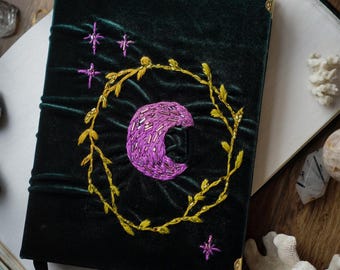 Handmade Velvet Notebook: Crescent Moon Embroidery, Botanical Sketchbook