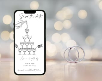 Réservez la date de la Tour de Champagne | Modèle de mariage modifiable | Faire-part de mariage dessiné à la main | Téléchargement numérique