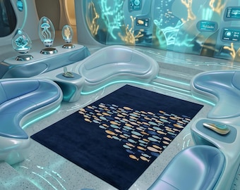 May include: A rectangular area rug featuring a dark blue background with a repeating pattern of small, stylized fish in shades of light blue, white, and gold. The rug is positioned in the center of a room with curved light blue seating furniture.
