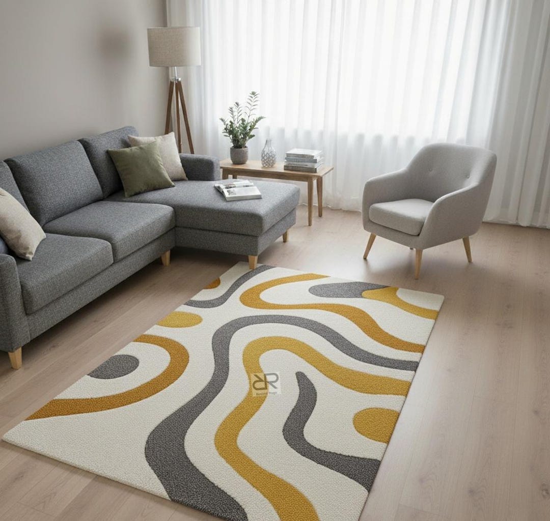 Abstract Wavy Lines Wool Rug | Modern Mustard, Cream & Gray Carpet - Etsy