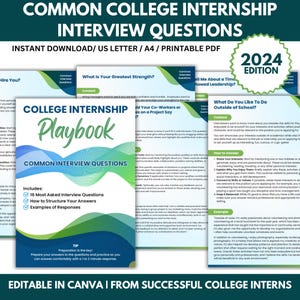 May include: A colorful digital guide titled "College Internship Playbook" with the text "Common College Internship Interview Questions" and "2024 Edition". The guide includes a list of common interview questions, tips on how to structure answers, and examples of responses.