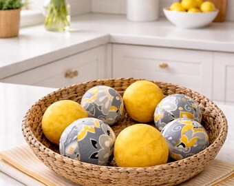 Set 7 Yellow and Gray Decor Balls, Fabric Wrapped Bowl Fillers, Spring Summer Home Decor, Decorative Vase Filler, Coffee Table Centerpiece