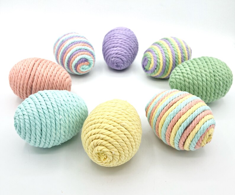 Lot de 8 œufs décoratifs de Pâques pastel, œufs emballés dans une corde en macramé, remplissage de bols de Pâques de la ferme, panier de printemps et décoration de vase image 5