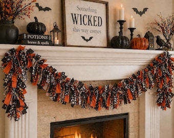 Halloween Fabric Garland, Black Orange Rag Tie Garland, Halloween Mantel Decor, Banister Garland, Front Door Halloween Decor, Spooky