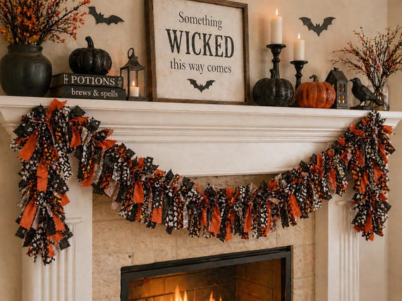 Halloween Fabric Garland, Black Orange Rag Tie Garland, Halloween Mantel Decor, Bannister Garland, Front Door Halloween Decor, choose length
