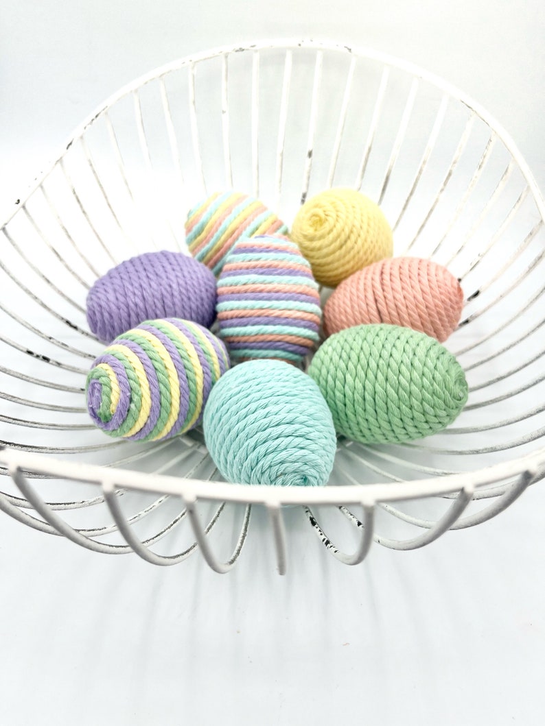 Lot de 8 œufs décoratifs de Pâques pastel, œufs emballés dans une corde en macramé, remplissage de bols de Pâques de la ferme, panier de printemps et décoration de vase image 8