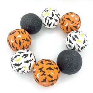 Halloween Fabric Wrapped Balls: Orange, Black & White Bat Decor - Set of 8