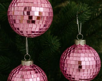 Pink Mosaic Mirror Ball Ornaments Set of 3  Pink Disco Ball Christmas Tree Ornaments Holiday Decor