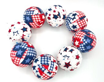 All American Patriotic Plaid Stripes Stars fabric wrapped balls