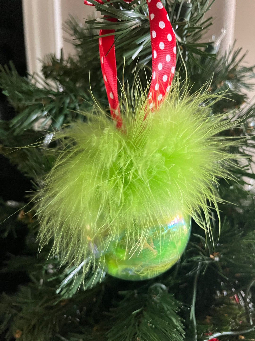 Lime Green Feather Fur Christmas Grinch Inspired Ornaments, Set of 4 ...