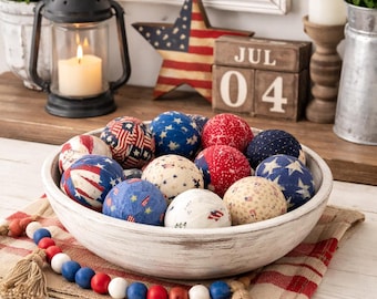 Juego de 12 bolas coloniales americanas patrióticas envueltas en tela, relleno para cuencos, decoración para cuencos de masa, estilo rústico vintage en crema/beige.