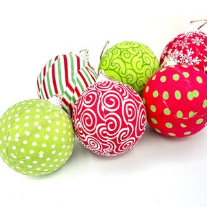 Grinch Inspired Christmas Ornaments- lime green, red, white, fabric holiday wrapped  balls