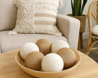 Jute & Macrame Rope Balls Set of 6, Neutral Bowl Filler, Farmhouse Dough Bowl Decor, Boho Tiered Tray, Coastal Coffee Table Centerpiece