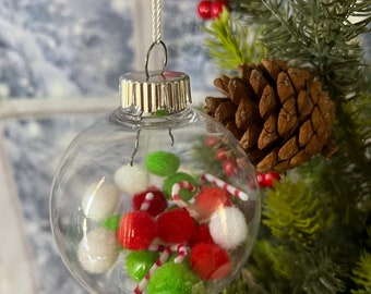 Red Green White clear bauble christmas ornament with pom poms and candy canes - grinch inspired holiday tree decoration set