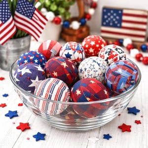 Patriotic Fabric Wrapped Balls | Red White Blue Bowl Filler | Americana Decor | 4th of July Mantle Decor | Set of 10 image 1