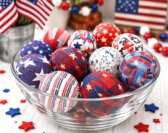 Patriotic Fabric Wrapped Balls | Red White Blue Bowl Filler | Americana Decor | 4th of July Mantle Decor | Set of 10