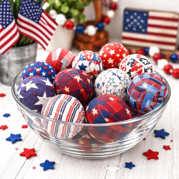 Patriotic Fabric Wrapped Balls | Red White Blue Bowl Filler | Americana Decor | 4th of July Mantle Decor | Set of 10