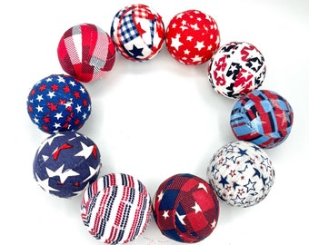 Patriotic 2” Fabric Wrapped Red White Blue Rag Ball Set- bowl filler set various wrapped balls, set of 10