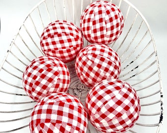 Red White Buffalo Check Fabric wrapped balls- Christmas bowl  filler