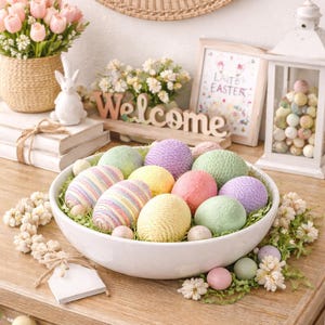 Lot de 8 œufs décoratifs de Pâques pastel, œufs emballés dans une corde en macramé, remplissage de bols de Pâques de la ferme, panier de printemps et décoration de vase image 7