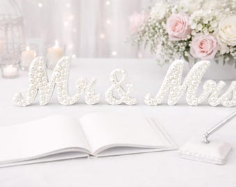 Pearl Mr & Mrs Wedding Table Decor – White Freestanding Wooden Letters for Bride Groom Table, Bridal Shower Gift, Elegant Wedding Decoration