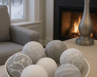 Fabric Wrapped Decorative Balls – Gray & White Bowl Fillers, Set of 8