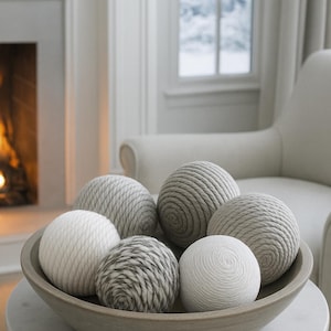 White grey yarn rope wrapped balls bowl filler set Set of 6  Farmhouse Bowl Filler Vase Filler Table Centerpiece Rustic Home Decor