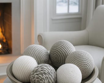 White grey yarn rope wrapped balls bowl filler set Set of 6  Farmhouse Bowl Filler Vase Filler Table Centerpiece Rustic Home Decor