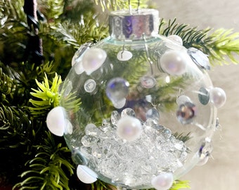 Dots -Pearl and Silver Rhinestone glass Ornaments, set of 4, christmas holiday tree