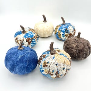 Blue Cream  Brown Patchwork Pumpkins, Fall fabric wrapped pumpkins, set of 6, holiday home decor, Thanksgiving decoration