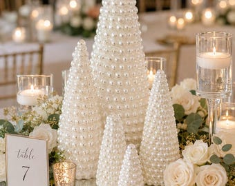 Pearl Christmas Tree, White Pearl Cone Tree, Christmas Mantel Decor, Winter Wedding Centerpiece, Holiday Tabletop Tree, Elegant Christmas