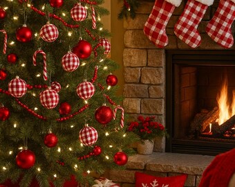 Red White Buffalo Check Fabric Ornaments: Rustic Farmhouse Christmas Decorations, Set of 12