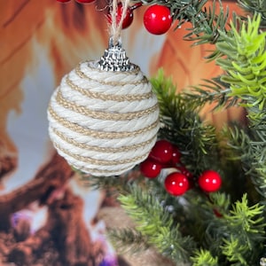 Jute and Cream rope Swirl Ornaments,  rope wrapped balls, holiday Christmas tree boho natural home set of 4