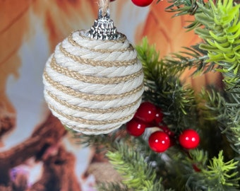 Jute and Cream rope Swirl Ornaments,  rope wrapped balls, holiday Christmas tree boho natural home set of 4
