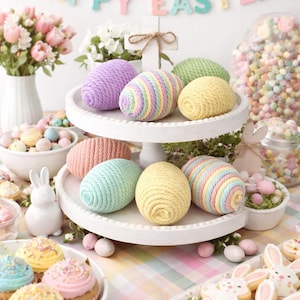 Pastel Easter Decorative Eggs Set of 8, Macramé Rope Wrapped Eggs, Farmhouse Easter Bowl Fillers, Spring Basket & Vase Decor